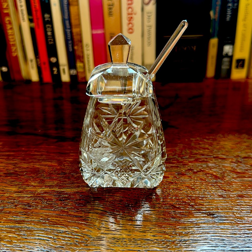 Pitkin & Brooks American Brilliant Cut Glass Mustard Jar with Glass Spoon